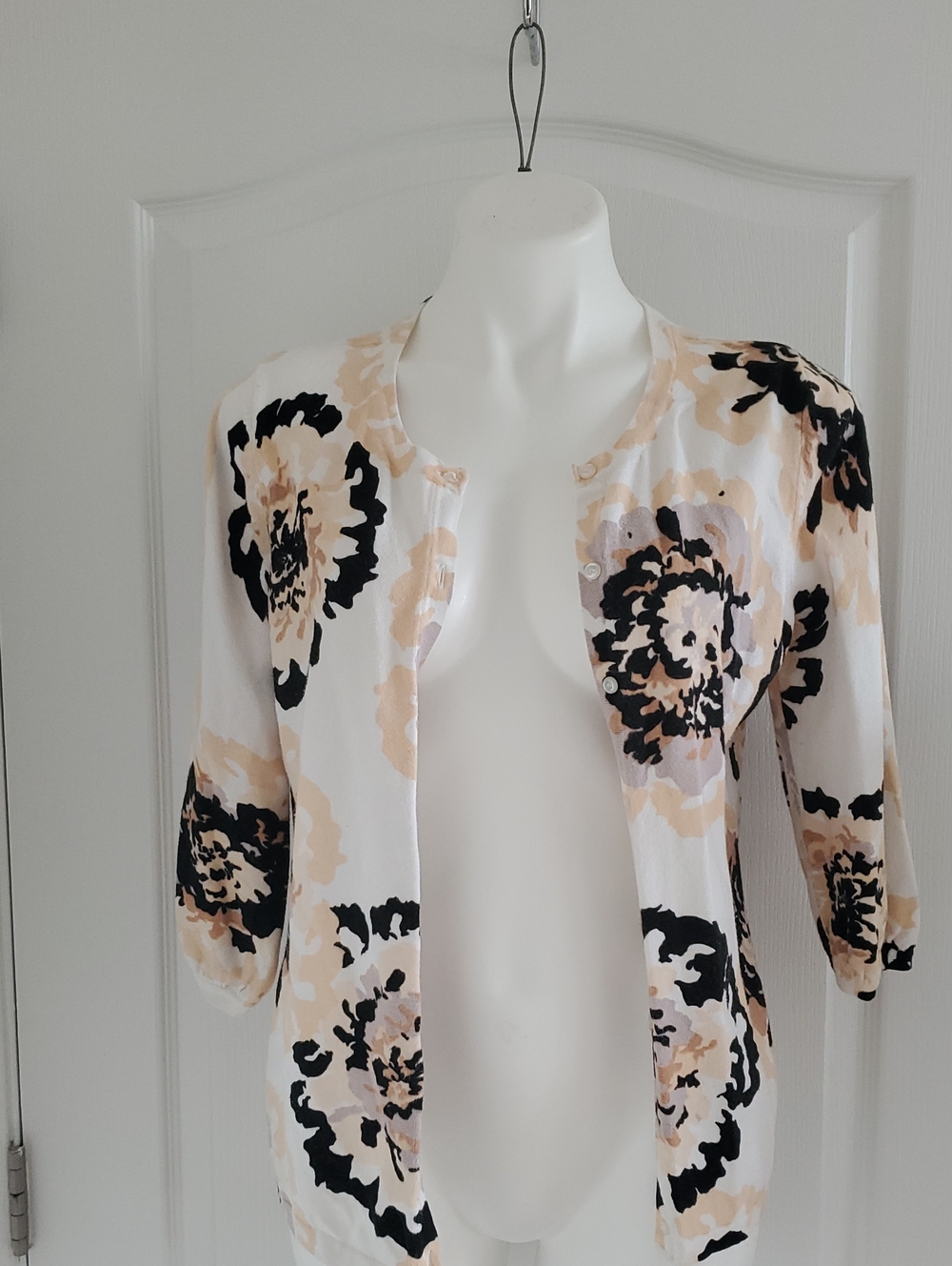 Designers Originals White Cardigan with Black and Beige Floral Print